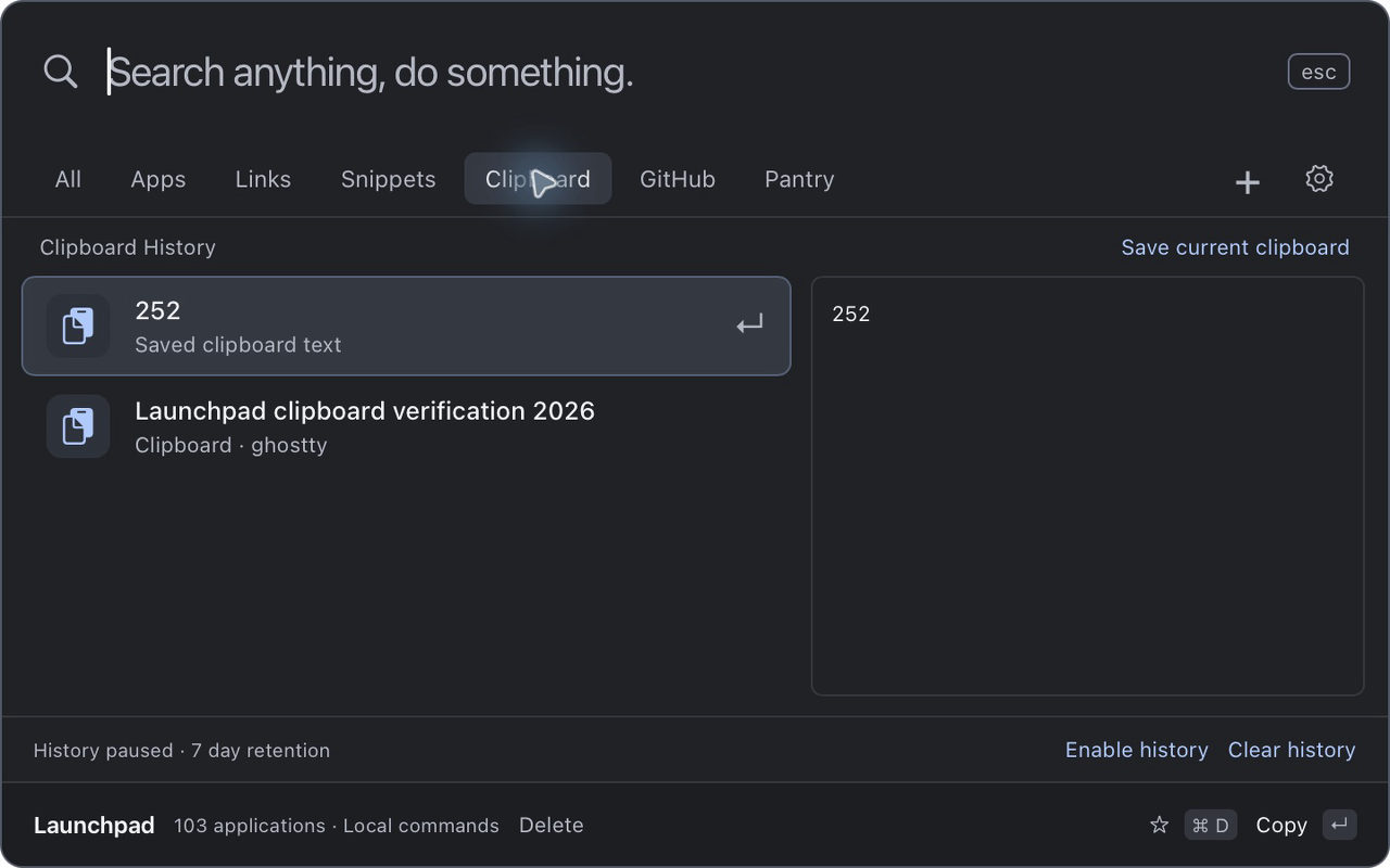 Local Clipboard History with saved text, a preview, and retention controls