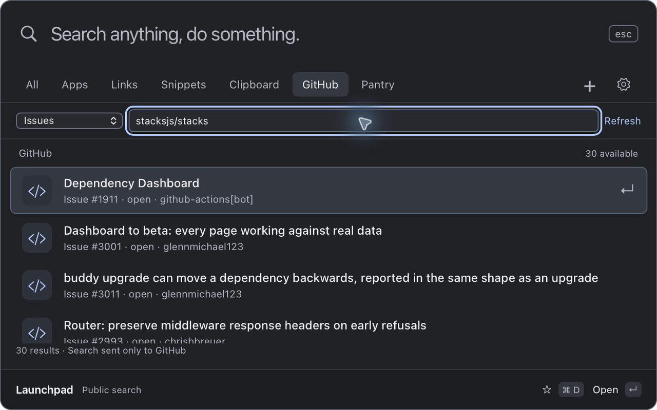 Launchpad showing issues from the Stacks GitHub repository